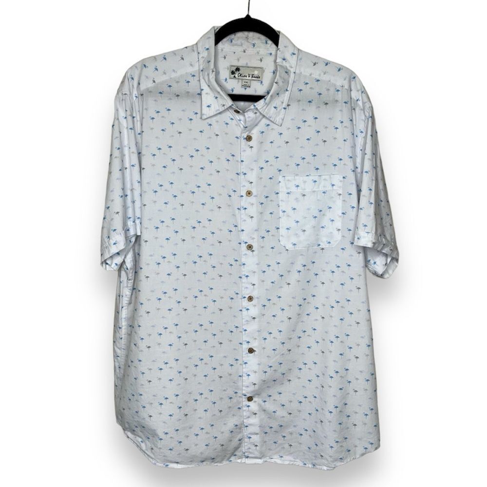Oliver and Burke All Over Print Flamingo White Short Sleeve Button Front Men XXL